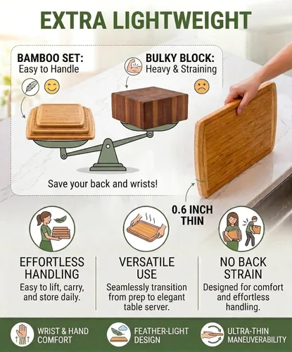 Miniatura 6 de Greener Chef Juego de 3 tablas de cortar de bambú de lujo con tecnología vertical de resistencia al grano, tablas de cortar de madera extra grandes