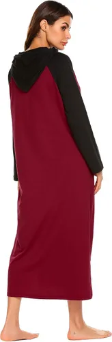 Miniatura 5 de Ekouaer Camisón de manga larga con capucha para mujer, color de contraste, ropa de descanso de longitud completa con bolsillo, S-4XL