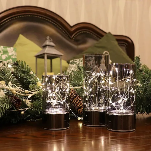 Miniatura 3 de Rhytsing conjunto de 3 linternas de cilindro de vidrio con luces de hadas, lámpara de mesa decorativa con batería, vela sin llama con función