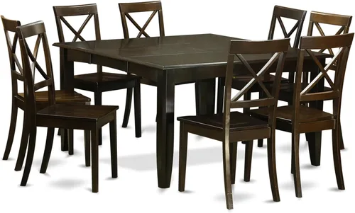 East West Furniture PFBO9-CAP-W Juego de mesa de comedor moderno de 9 piezas, incluye una mesa cuadrada de madera con hoja de mariposa y 8 sillas de