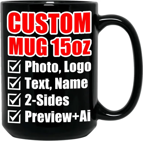 Taza de café personalizada – Tazas personalizadas con texto en imagen, nombre de foto personalizado, logotipo, taza de cerámica – Cumpleaños, Negro