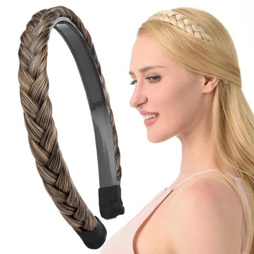 Miniatura 36 de Ancho de 1.5 cm Banda de pelo sintético trenzada estrecha con dientes para mujeres y niñas (Negro)
