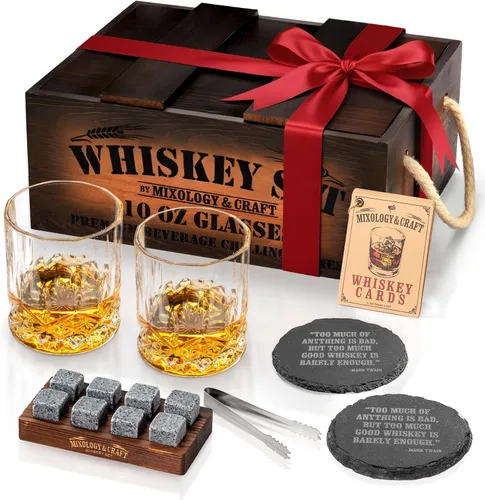 Mixology & Craft Jameson - Juego de regalo de whisky, juego de vasos de whisky con caja de madera rústica, 8 piedras de granito para whisky, vasos