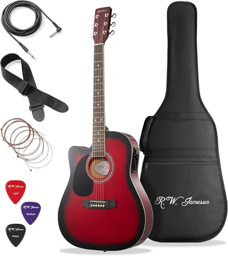 Miniatura 9 de Jameson Guitars - Guitarra eléctrica acústica de tamaño completo Thinline con funda y púas Natural para diestros