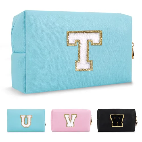 Miniatura 179 de Pequeña bolsa de maquillaje personalizada con inicial A-Z Preppy Patch, bolsa de cosméticos de viaje de felpilla blanca con cremallera, bonita bolsa