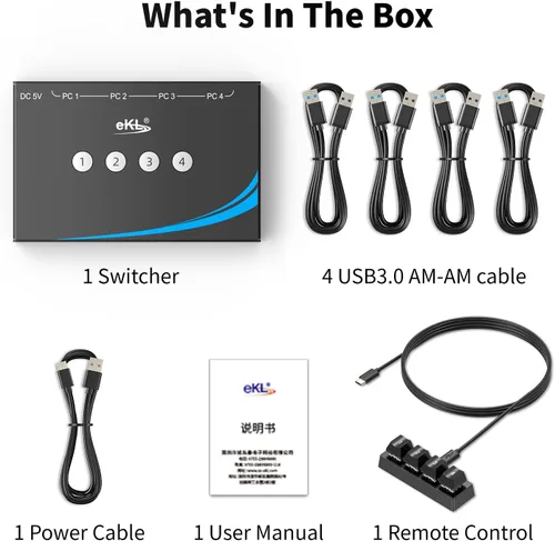 Miniatura 7 de eKL interruptor USB 3.0 para compartir periféricos entre 4 computadoras, interruptor USB de 4 puertos para compartir ratón, teclado, escáner