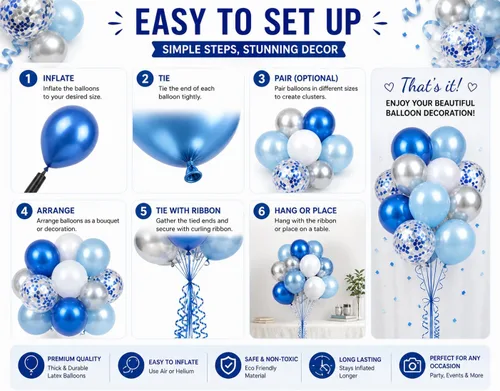 Miniatura 5 de Kit de guirnalda de globos azules y blancos plateados, 60 globos de látex de confeti azul cromado, blanco y plateado de 12 pulgadas para baby