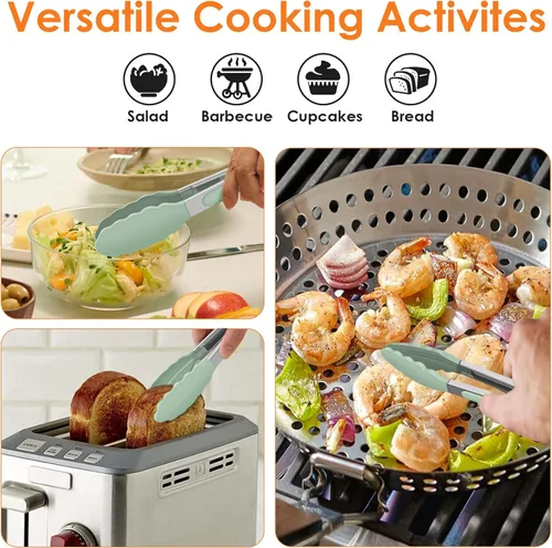 Miniatura 2 de HOTEC Pinzas de Cocina Premium de 7 y 9 Pulgadas, Pinzas de Cocina de Acero Inoxidable con Bloqueo y Puntas de Silicona, Antiarañazos y Resistentes
