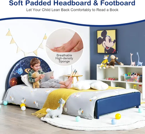Miniatura 3 de Costzon Base de cama individual para niños, plataforma de cama individual tapizada de madera con soporte de listones, cabecera y estribo acolchados