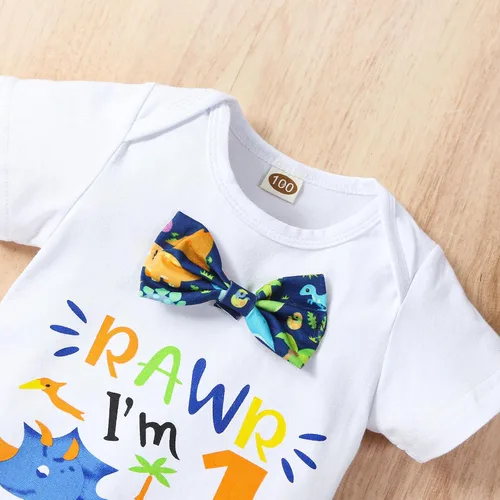 Miniatura 4 de Conjunto de mameluco de manga corta para bebé niño de un primer cumpleaños, con tirantes