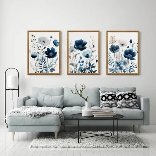Miniatura 2 de DUWQU 3 piezas de arte de pared en lienzo floral azul marino, marco de madera azul marino, flores silvestres lirio, margaritas, decoración de pared