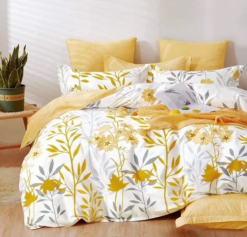 Miniatura 34 de SLEEPBELLA Juego de edredón tamaño King, 600 hilos de algodón amarillo y azul damasco con patrón reversible marrón topo, juego de edredón blanco