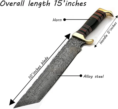 Miniatura 2 de Cuchillo de acero de Damasco hecho a mano personalizado de 15 pulgadas con mango de cuerno de búfalo hoja con funda, Sttm-9228, negro, marrón y gris