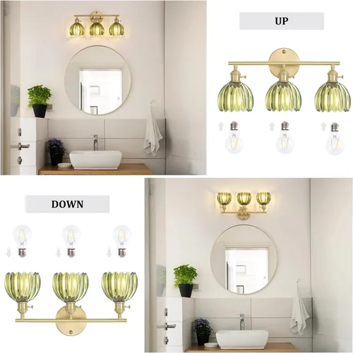 Miniatura 6 de Shenmoyl Accesorios de iluminación de baño, lámpara de pared de latón de 3 luces sobre espejo con pantalla de vidrio en forma de tulipán verde