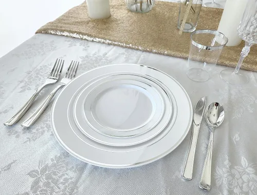 Miniatura 5 de OCCASIONS 50-150-200 Piezas plateadas (25 personas) 26 cm, 19 cm + cubiertos. A1. Blanco y plateado