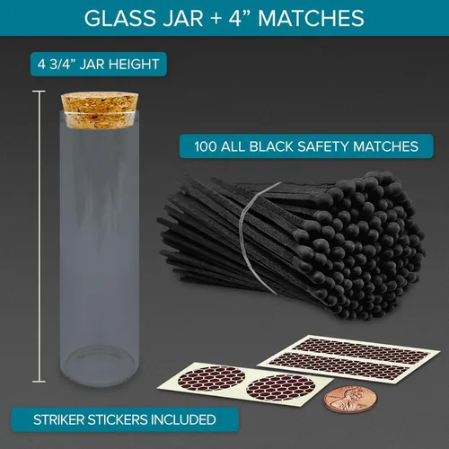 Miniatura 2 de 4" Fósforos Todos Negros en un Frasco + Adhesivos de Mechero Incluidos 100 Fósforos Negros con Punta Negra Decorativos y Seguros con Soporte