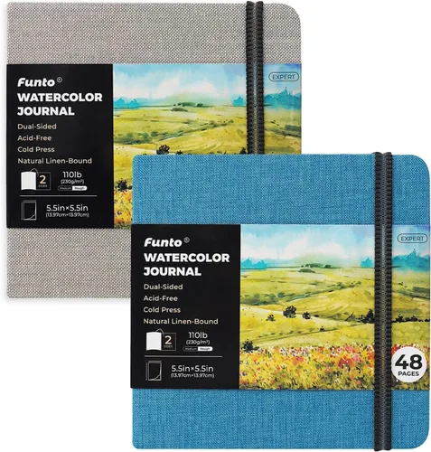 Funto Diario de acuarela, cuadrado, 5.5 x 5.5 pulgadas, portátil, paquete de 2, 48 páginas cada uno, cubierta gris y azul, 110lb/230 gsm,