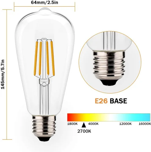 Miniatura 2 de LUXON Bombillas LED Edison, bombillas vintage regulables, 6 W (equivalente a 60 W, 2700 K, blanco cálido, E26, paquete de 4 unidades)