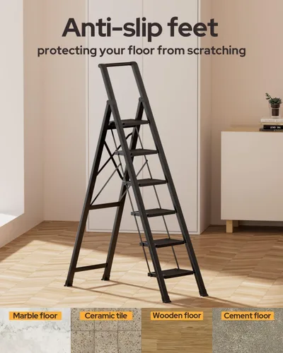 Miniatura 6 de Escalera de 6 escalones para techo de 12 pies de alto, taburete plegable de aluminio ligero con cómodo agarre, escaleras con pedal antideslizante