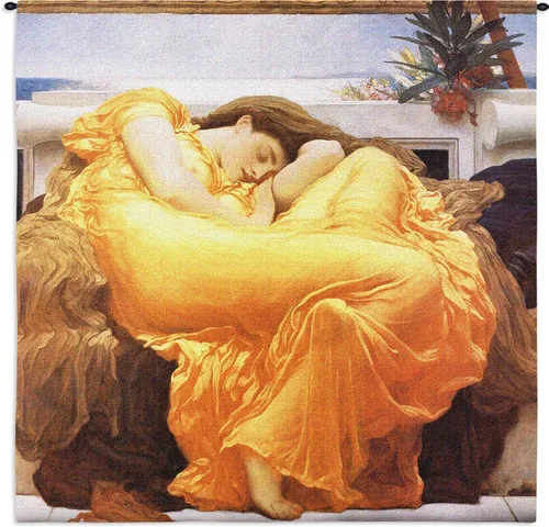 Flaming June por Sir Frederic Leighton | Tapiz tejido para colgar | Obra maestra del vestido naranja para dormir | 100% algodón, tamaño de Estados