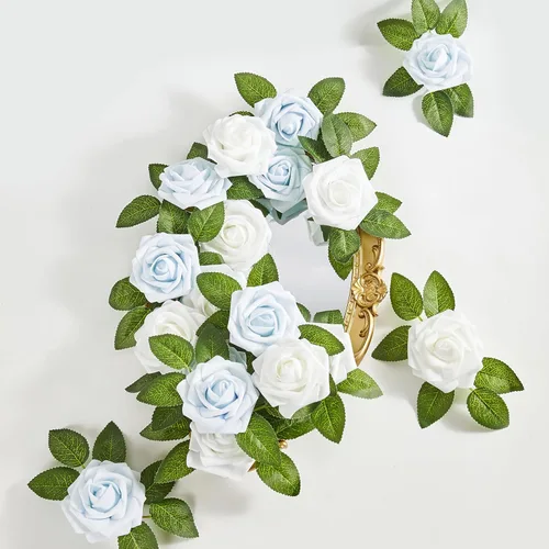 Miniatura 7 de Flores artificiales, 25 piezas, rosa artificial azul bebé para ramos de boda, centros de mesa, arreglos, flor falsa con tallos para decoración