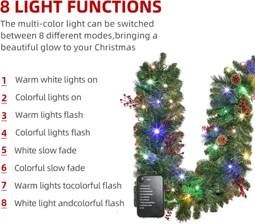 Miniatura 5 de Guirnalda de Navidad con luces de 9 pies, guirnalda de Navidad iluminada, funciona con pilas, 8 modos de iluminación, 50 luces LED, guirnalda