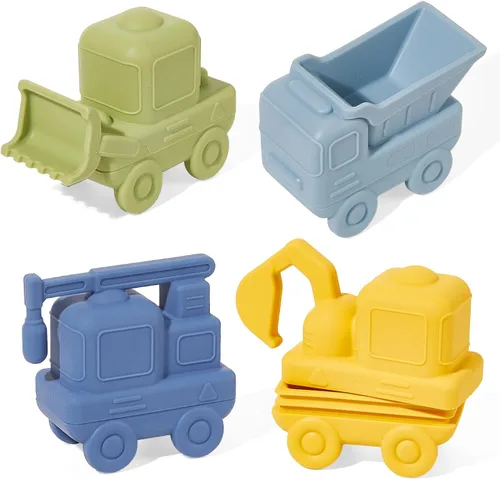 Juguetes de baño sin moho para niños pequeños, paquete de 4 juguetes de baño de silicona de grado alimenticio, camión fácil de limpiar y juguete de