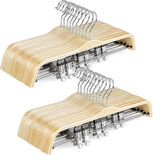 Miniatura 12 de Perchas de madera para pantalones TOPIA HANGER, perchas delgadas de madera natural para faldas con gancho antióxido y clips metálicos ajustables