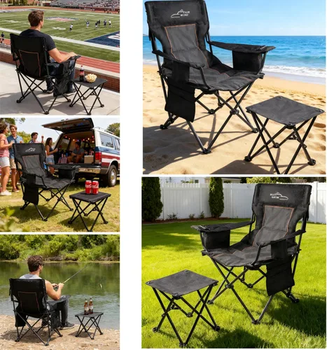 Miniatura 4 de FAIR WIND Silla de camping acolchada de gran tamaño con reposapiés, juego de taburetes, soporte resistente, soporta 300 libras, bolsa de negro
