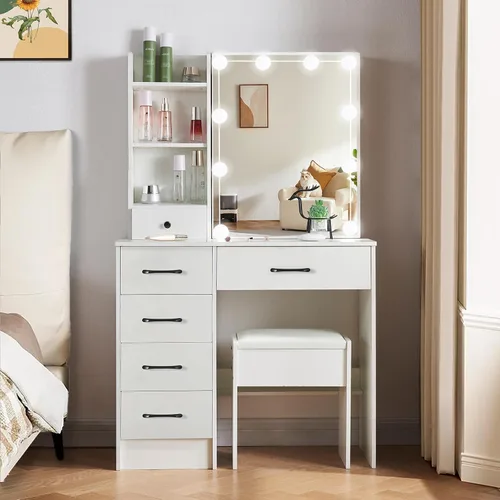 Miniatura 2 de Escritorio de tocador con espejo LED deslizante, mesa de maquillaje blanca con 6 cajones, 4 estantes de almacenamiento y taburete, 3 modos