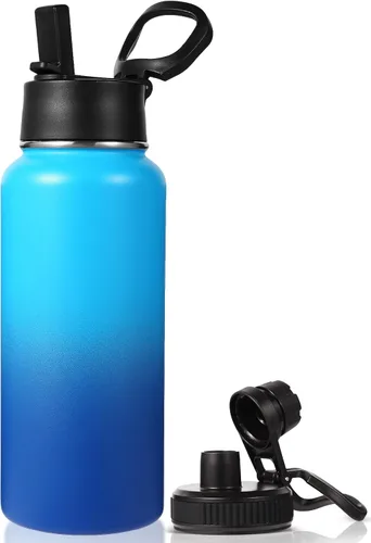 Miniatura 21 de Neihepal Botella de agua aislada de 32 onzas con 2 tapas (tapa con pajilla y boquilla), botellas de agua de doble pared de acero inoxidable 18/8