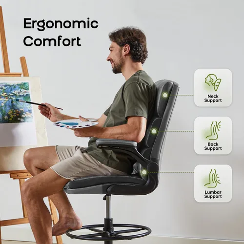 Miniatura 3 de Silla de Dibujo Silla Alta de Oficina con Reposabrazos Abatibles Acolchados Silla de Escritorio de Pie Ergonómica Ejecutiva para Computadora con Gris