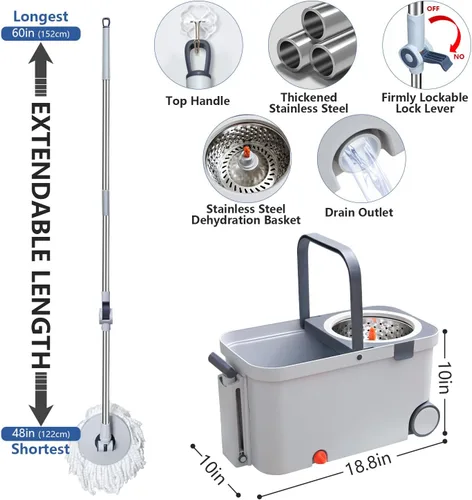 Miniatura 2 de Trapeador giratorio y cubo con escurridor en ruedas, sistema de cubo giratorio de 180° con 6 cabezales de repuesto de microfibra lavables, mango