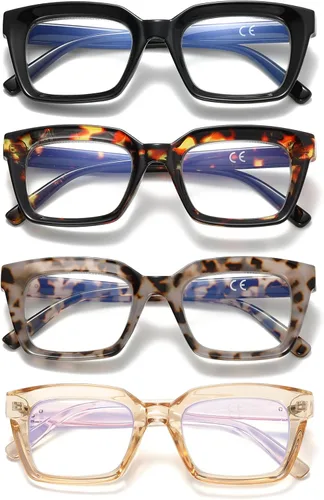 Lentes de lectura de gran tamaño para mujer, paquete de 4 unidades, estilo Oprah, cuadrados, con bloqueo de luz azul, lectores de computadora para