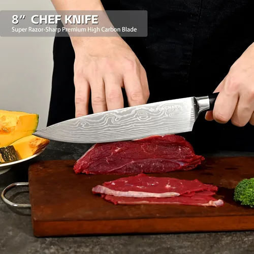 Miniatura 5 de Juego de cuchillos de chef de cocina profesional, Razor Sharp de acero alemán de alto carbono, 3 piezas, mango ergonómico de madera de Pakkawood
