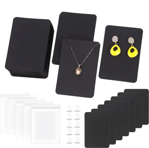 Miniatura 9 de Swpeet Juego de 550 tarjetas de exhibición de aretes de 3 colores, 3.5 x 2.4 pulgadas, papel kraft cuadrado blanco y negro, tarjetas con parte Kit