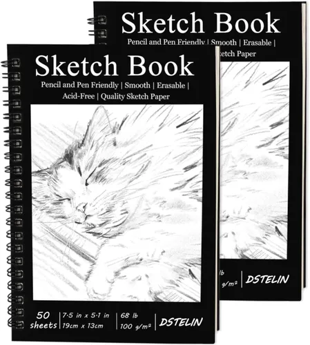 DSTELIN Paquete de 2 cuadernos de bocetos encuadernados en espiral (papel de dibujo de 3.53 oz/m²), 50 hojas por paquete, cuaderno de bocetos de 7.5