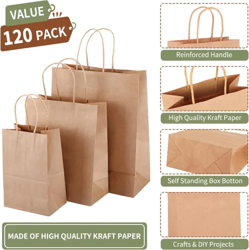 Miniatura 3 de TOMNK 120 bolsas de papel marrón con asas de varios tamaños, varios tamaños, bolsas de regalo de papel kraft a granel para negocios, compras, venta