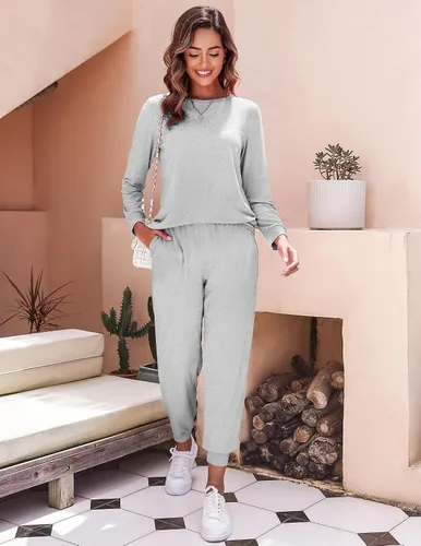 Miniatura 37 de Ekouaer Conjunto de pijama de manga larga para mujer, ropa de dormir suave con cuello redondo y bolsillos