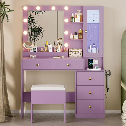 Miniatura 15 de Escritorio de tocador con espejo y luces, tocador de maquillaje negro con 5 cajones, organizador de joyas oculto y gabinete de cristal LED, 3 modos