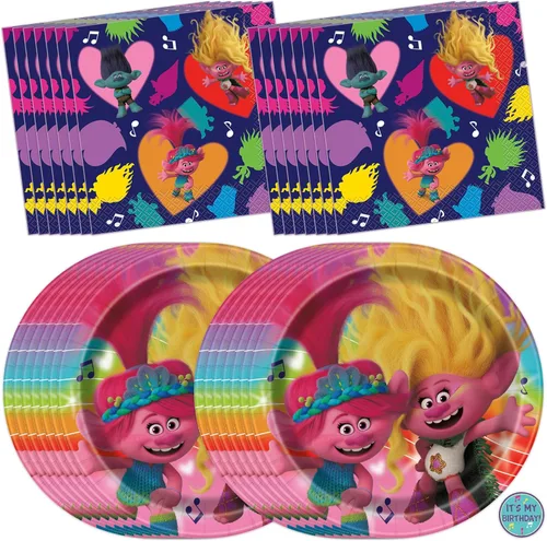 Trolls - Decoraciones para fiestas de cumpleaños | Sirve a 16 invitados | Platos de trolls, servilletas, calcomanías