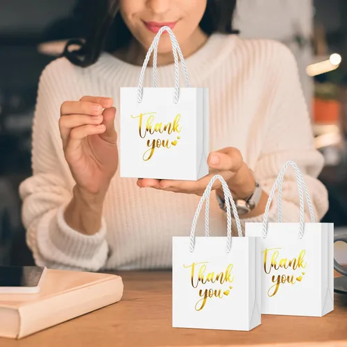 Miniatura 6 de Honoson 30 Piezas Mini Bolsas de Regalo con Asa 4 x 2.75 x 4.5'' Pequeñas Bolsas de Agradecimiento de Papel Metalizado para Navidad Boda Baby Shower