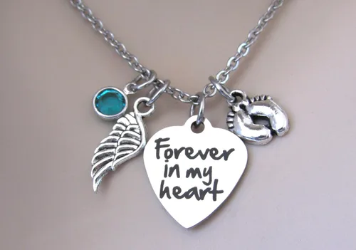 Miniatura 5 de Miscarriage "Forever In My Heart" Necklace with Angel Wing, Baby Feet & Birthstone, Child Loss Memorial, Miscarriage Jewelry - Loss of Child