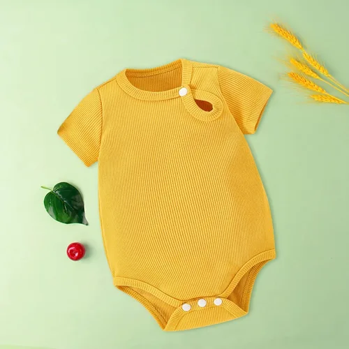 Miniatura 5 de Mameluco unisex de algodón para bebé, niña de manga corta, color sólido, enterizo de verano lindo a la moda, S