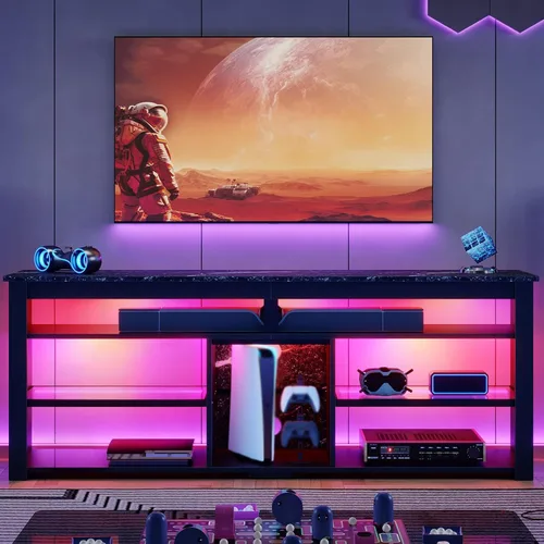 Miniatura 2 de Bestier Soporte de TV para TV de 70 pulgadas, centro de entretenimiento alto con 2 luces LED, consola de TV para juegos con almacenamiento para PS5
