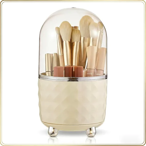 Organizador de brochas de maquillaje blanco, organizador de brochas de maquillaje giratorio de 360°, 5 ranuras para cosméticos, esmalte de uñas,