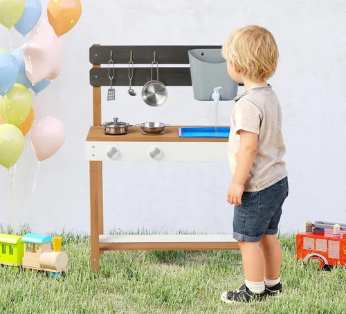 Miniatura 8 de Cocina de madera para niños, cocina de barro al aire libre con juego de agua y juguetes de cocina, juego en el patio trasero para niños de más de 3