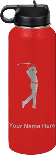 Miniatura 8 de LaserGram Botella de agua personalizada, golfista de golf, acero inoxidable de doble pared aislada al vacío con popote superior, regalo grabado Negro