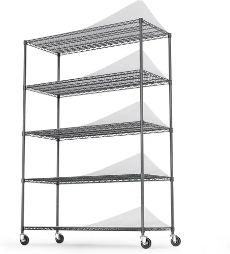 Estantería de alambre de metal NSF de 5 niveles, capacidad de 6000 libras, estante de almacenamiento ajustable resistente con ruedas y Negro