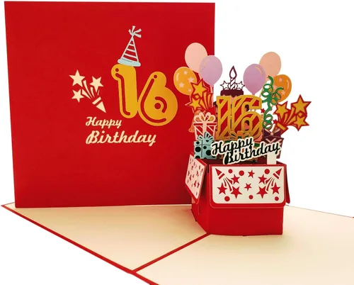 Miniatura 10 de iGifts And Cards Tarjeta desplegable 3D de cumpleaños de 16 años, regalos coloridos y escena de celebración de globos, divertido saludo